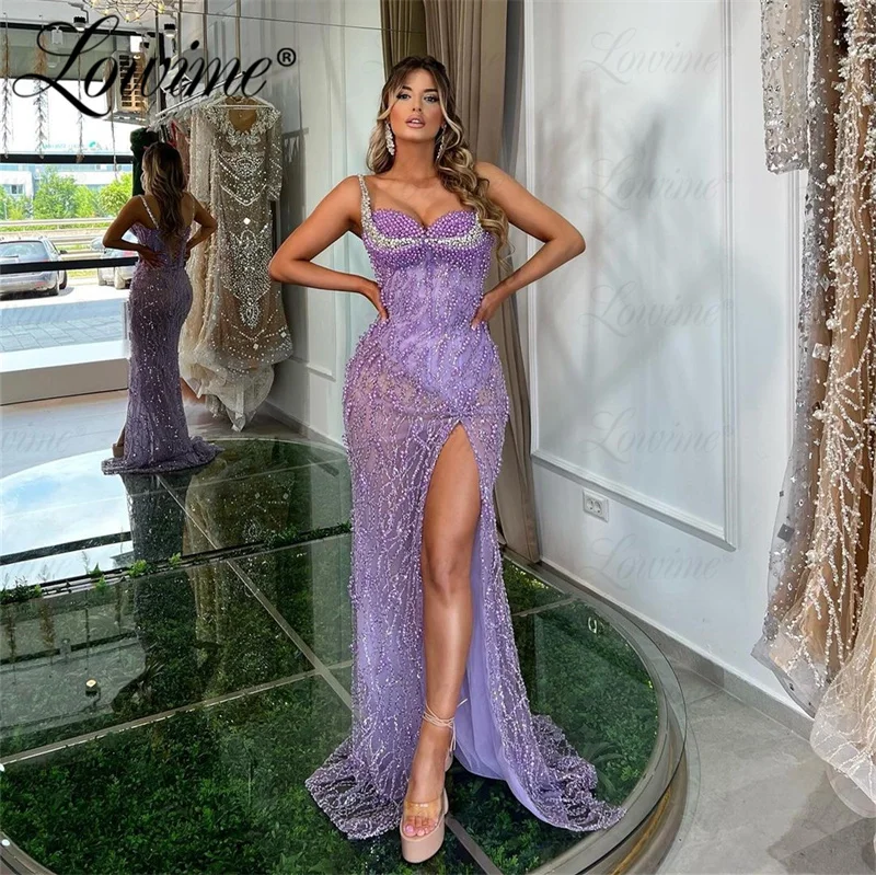 Purple Arabic Evening Dresses Birthday Engagement Gowns Beaded Silver Crystals Wedding Party Dress Robes Custom Made Prom Dress