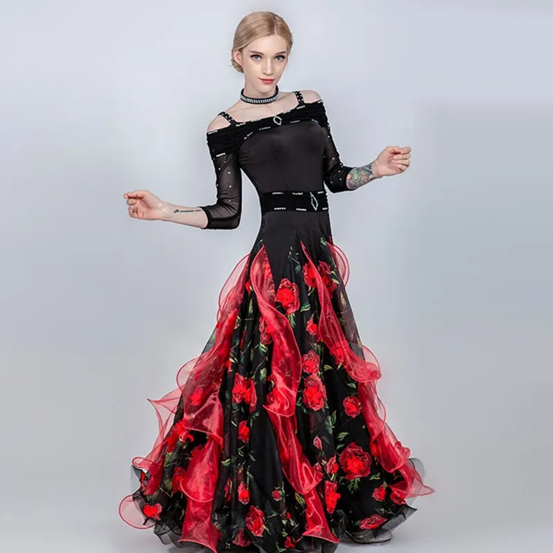 Off Shoulder Black Three-Dimensional Flowers Ballroom Dance Dresses For Woman Dance Costume Waltz Dress Modern Dance Wear Waltz