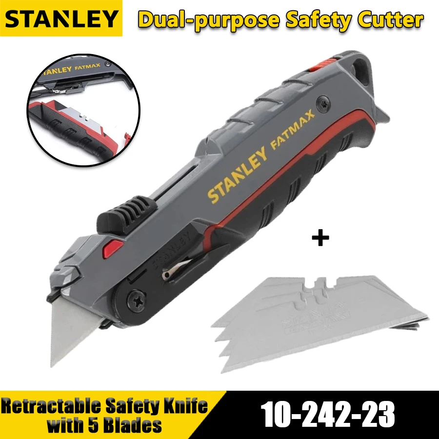 STANLEY 10-242-23 FatMax Safety Knife with 5 Blades Automatic Retractable Knife Dual-purpose Safety Cutter for Cutting Hand Tool