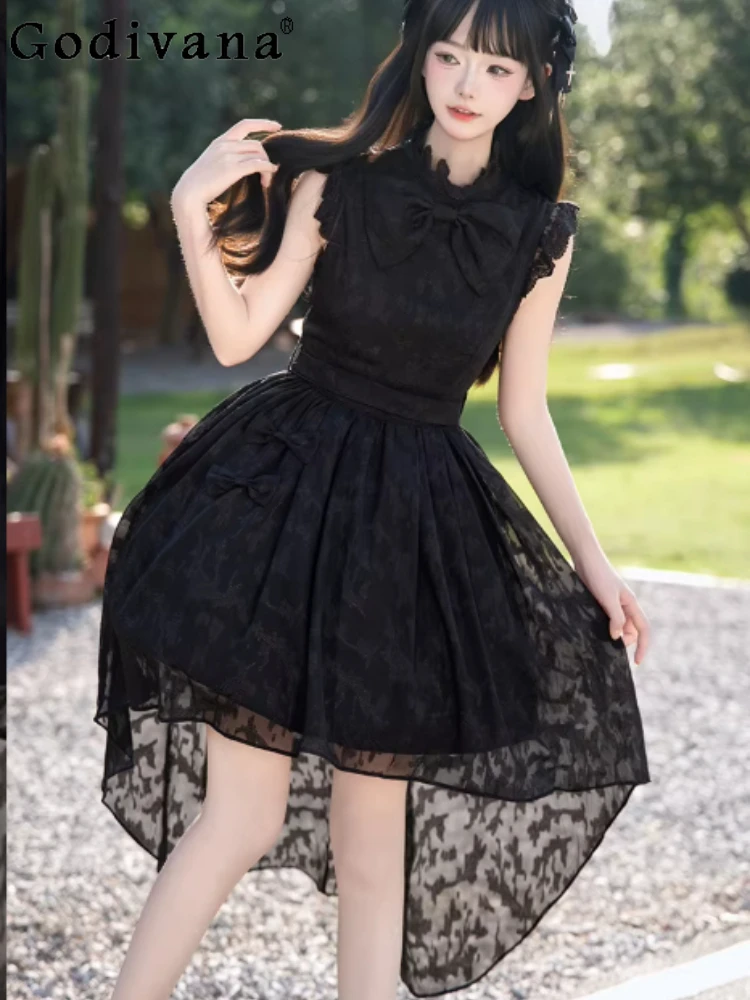 

Spring Summer Women Sleeveless Elegant Lolita Sweet Bow Black Dress Fashion Age Reduction Front Short Back Long Fairy Dresses