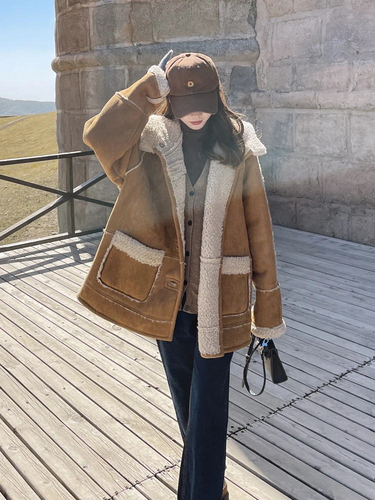 Fall Winter Khaki Shearling Coat Women's Vintage Hooded Fleece-Lined Padded Jacket Oversized Retro Suede Warm Thickened Parkas