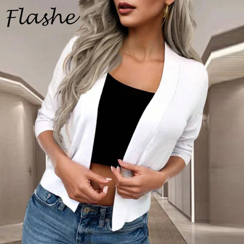 Women Fashion Long Sleeve Cardigan Jacket Casual Blazers For Women Spring Autumn Short Jacket White Coat