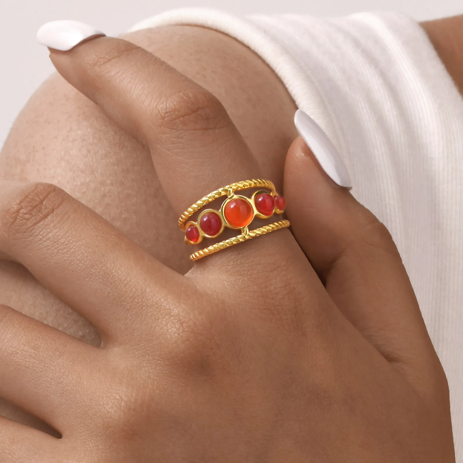 

Natural Stone Carnelian Ring Openable, Women's Stacked Adjustable Ring Stainless Steel Waterproof Statement Jewelry