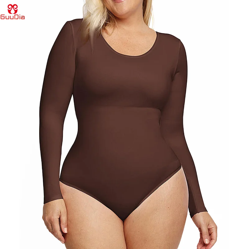 

GUUDIA Ribbed Waist Tummy Control Long Sleeve Bodysuits Body Shapers Round Neck Elastic Stretchy Shapewear Compression Suit