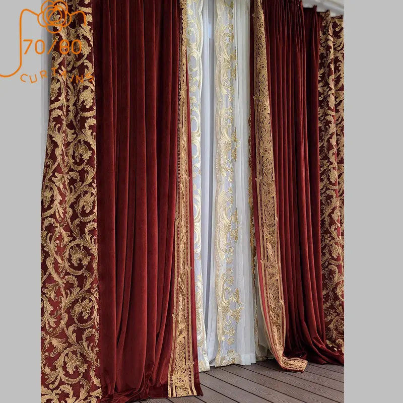 French Palace Wine Red Velvet Embroidery Thickened Shading Curtains for Living Room Bedroom Villa High Window Customization