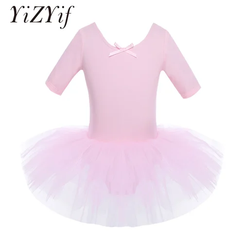 YiZYiF-vestido de Ballet para niños, media manga, tutú de Ballet de algodón para baile, leotardo de gimnasia para niña, Ropa de baile, trajes de fiesta de bailarina