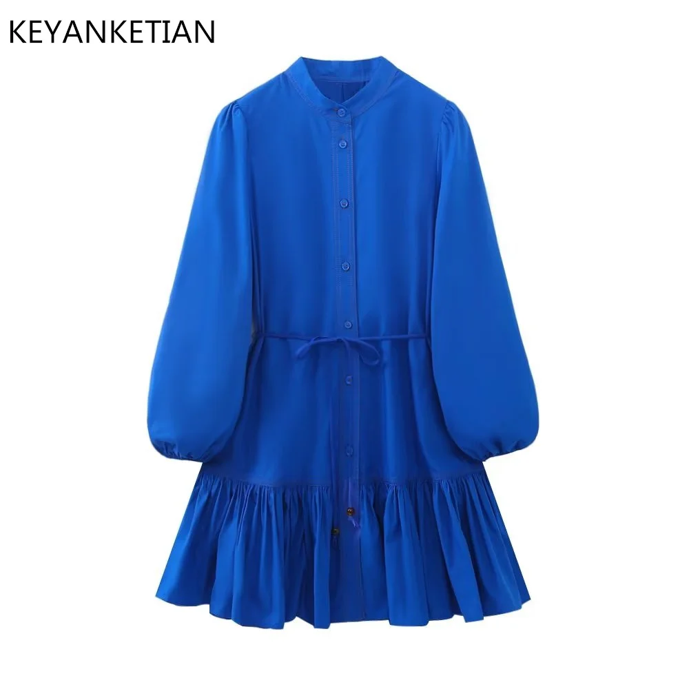 KEYANKETIAN Spring New Women's Holiday Wear Lotus Leaf Trim Lantern Sleeve Royal Blue Dress Single-Breasted A-Line Mini Skirt