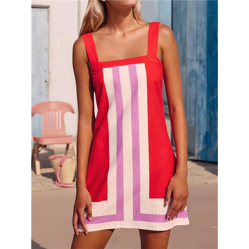 ABRT - Damska Sukienka Mini w Paski Boho na Ramiączkach Letnia Sukienka Plażowa