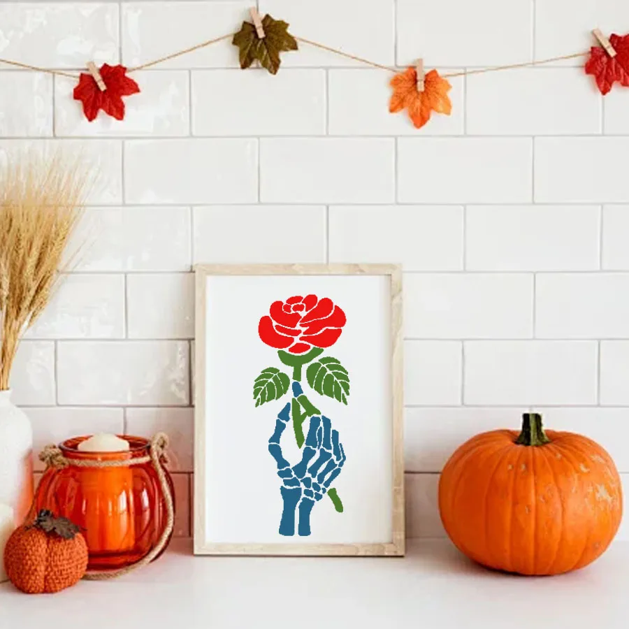 3PCS Skeleton Heart Rose Stencil Set – Reusable DIY Painting Templates for Wall Decor, Scrapbooking, Halloween Party, Gift Packa