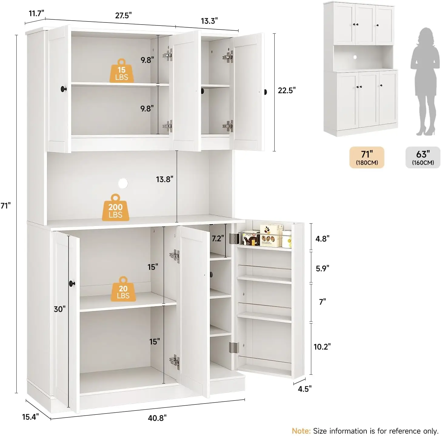 Storage Cabinet with Microwave Stand & Door Shelf, Freestanding Kitchen Hutch with 6 Doors and Adjustable Shelves, Modern Food P