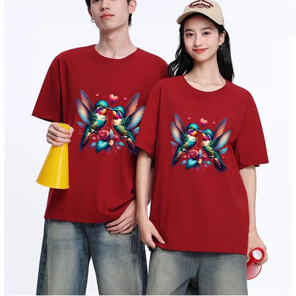 Hummingbird Heart Flower Printed T Shirt Breathable Fabric S-XXL Personalized Custom Casual Short Sleeve Tee Aesthetic Graphic T