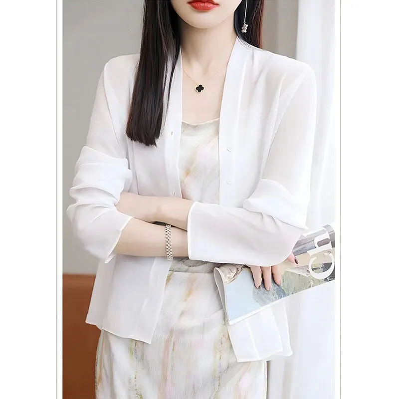 Women Long Sleeve Chiffon Shirts, Loose Tops, Monochromatic, Thin, Temperament, Casual, Simplicity, Office Lady, Summer Fashion