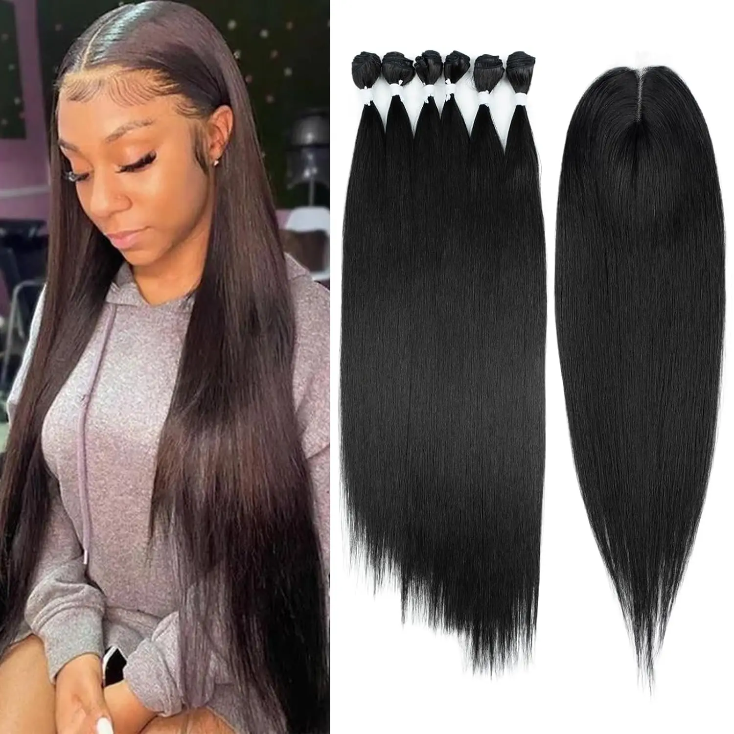 26 28 30 Inches Silky Straight 6 Bundles with Lace Closure Long Straight Synthetic Hair Bundles Weave Hand-Tied Middle Part Lace Closure for Full Head 1B Color