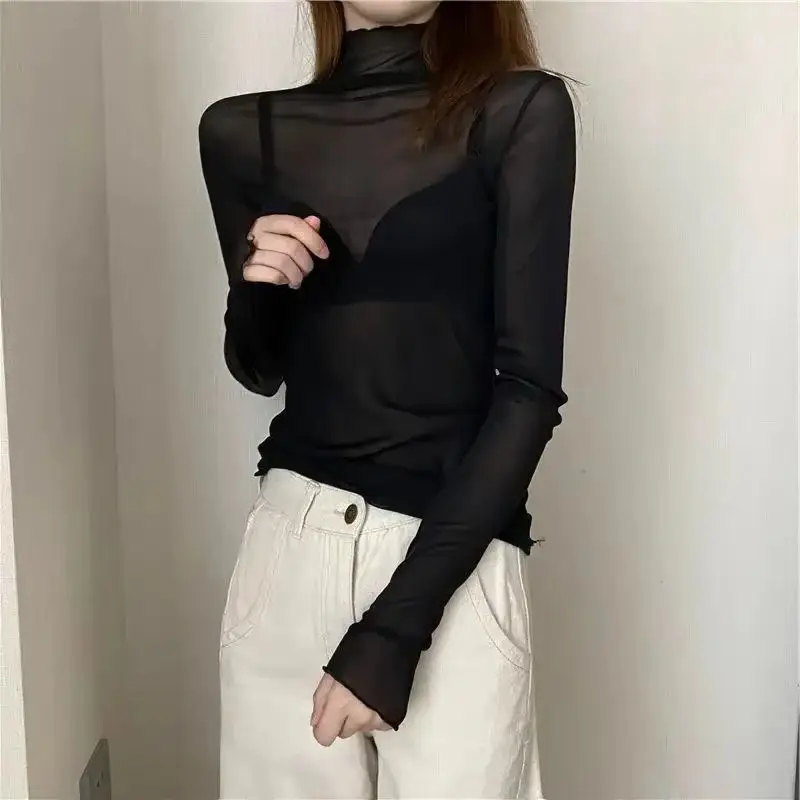Elegant Sexy Women's Long Sleeve Mesh T-Shirts Lace See through Blouse Versatile Sheer Body Crop Top for Girls