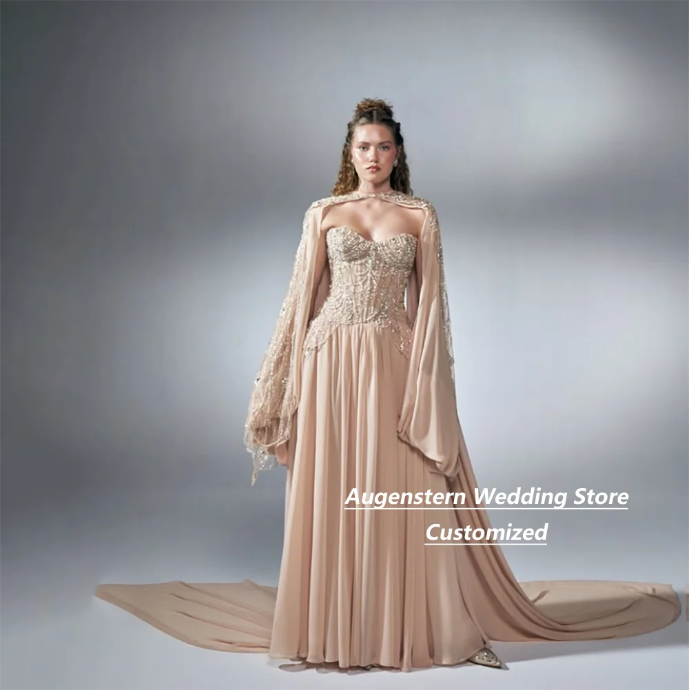 Customized Champagne Chiffon A‑Line Mother Of The Bride Gown Beaded Bodice Cape Long Train For Wedding Guest Banquet Plus Size