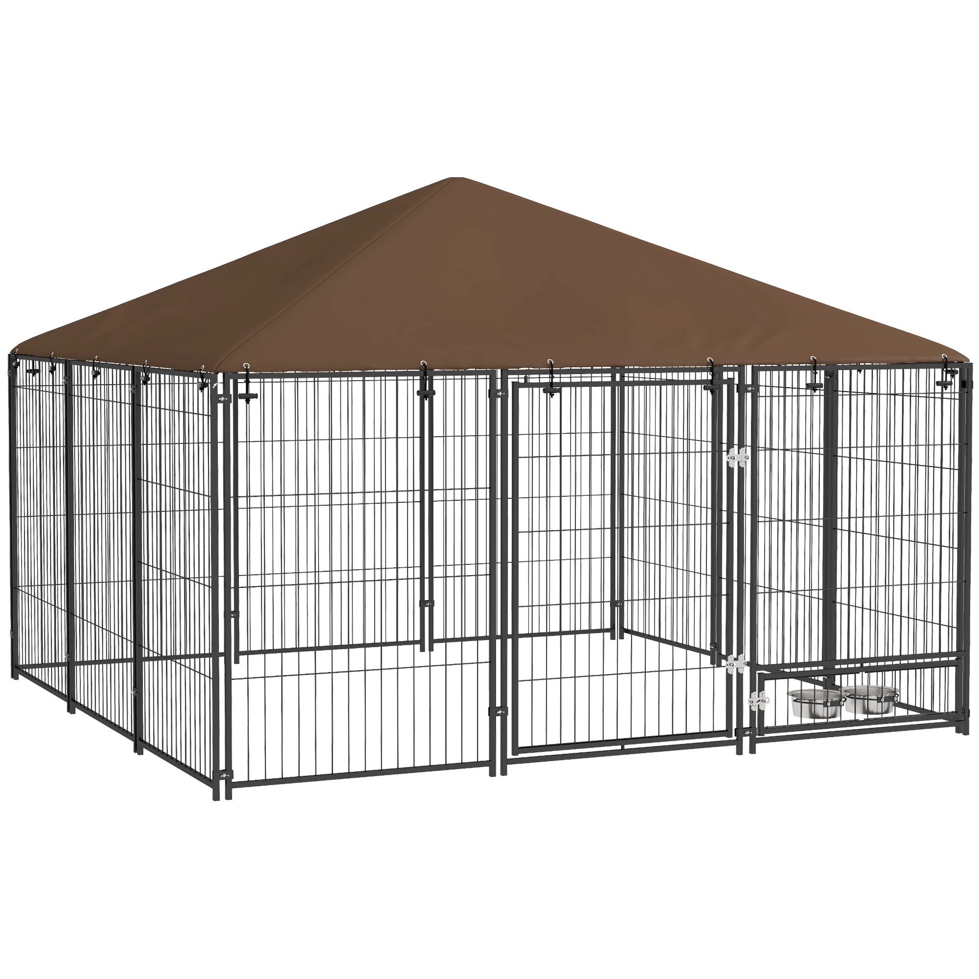 PawHut Perrera con Toldo y Soporte Giratorio para Comida 2 Cuencos Incluidos 211x211x151 cm Negro y Café