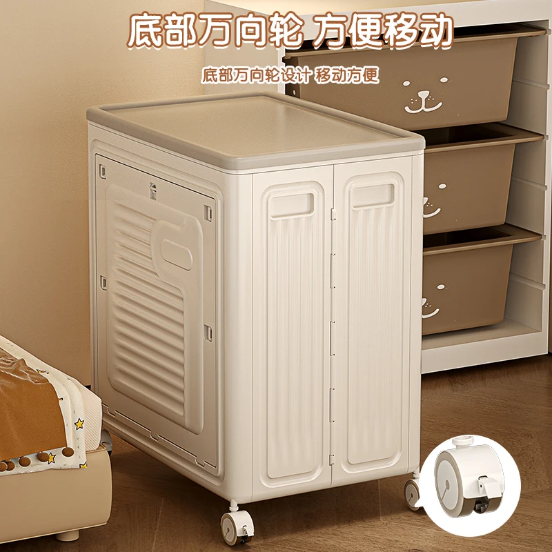 Large Capacity White Square Folding Storage Box with Wheels Top Side Access Plastic Tool Organization for Living Room