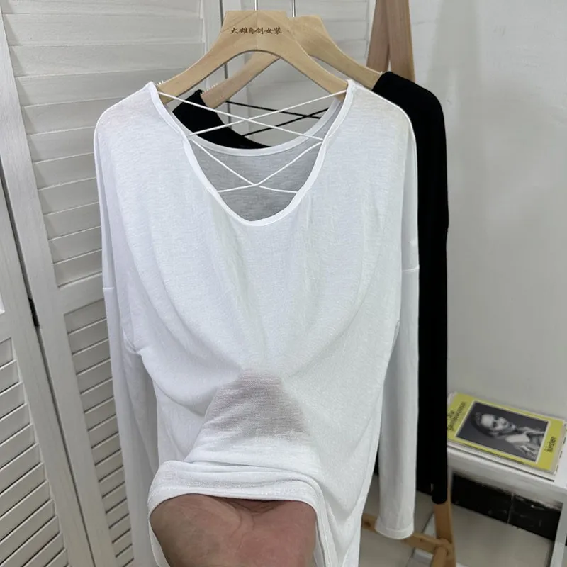 Loose Version Thin Backless Long-sleeved Sun Protection T-shirt Women's Air Conditioning Blouse Niche Top Summer New Style