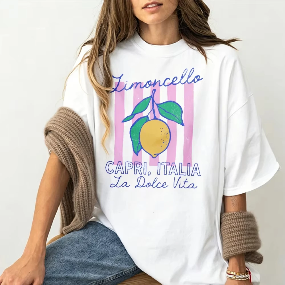 Crew Neck Short Sleeve T-Shirt White Lemon Striped Background Cursive Text Limoncello Capri Italia La Dolce Vita Boho Casual Top