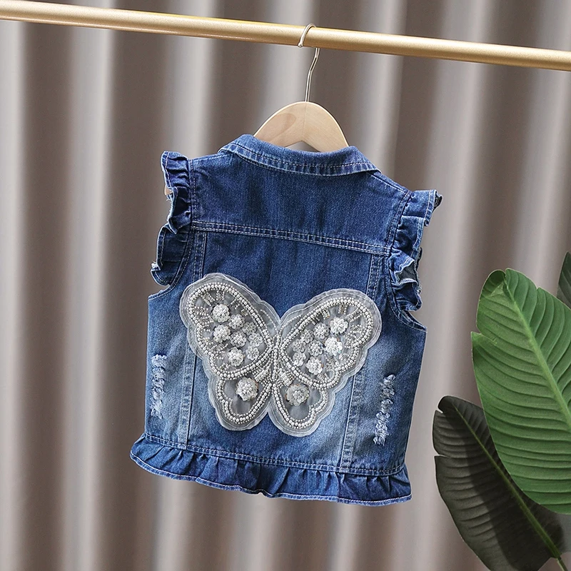 2024 Summer Girls Fashion Bow Pearl Button Flip Collar Pocket Denim Vest Coat Children\'s Clothing 1-6y