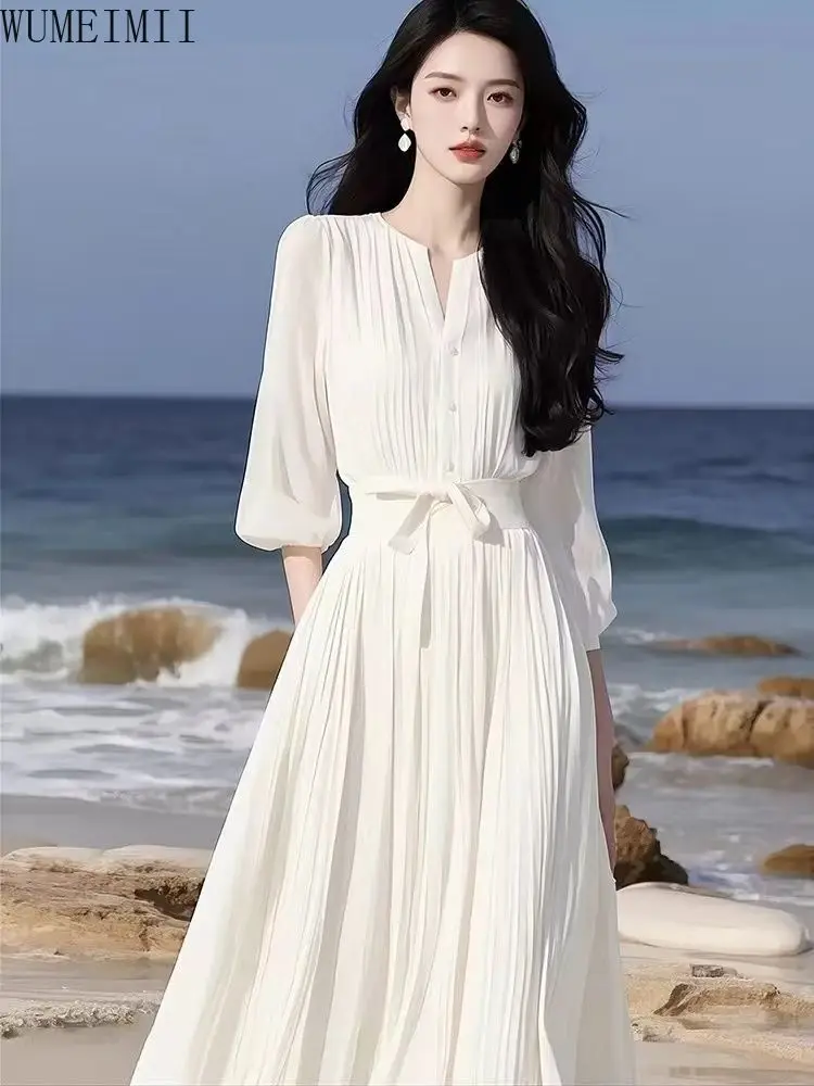 Spring and Summer French Celebrity  Generous Decent Gentle Wind White Chiffon Simple Dress