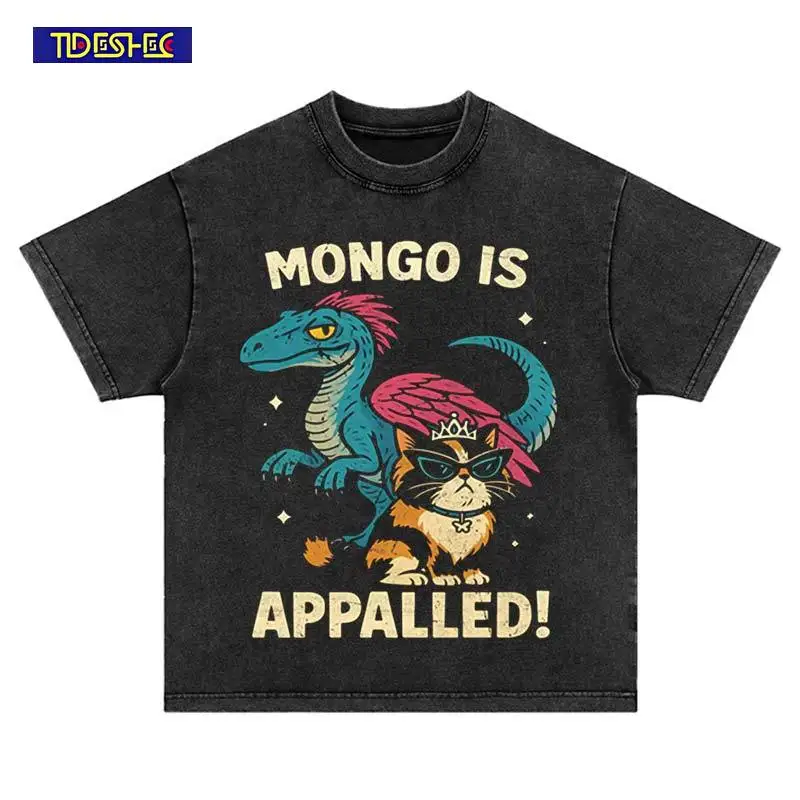 

Vintage Men Hip Hop Dinosaur Cat Print T-Shirt Summer Short Sleeve Streetwear Harajuku Cotton Loose Leisure Washed Oversized Top