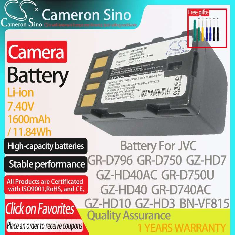 CameronSino Battery for JVC GR-D796 GR-D750 GZ-HD40AC GZ-HD40 GZ-HD7 GR-D750U GR-D740AC GZ-HD10 fits JVC BN-VF815 camera battery