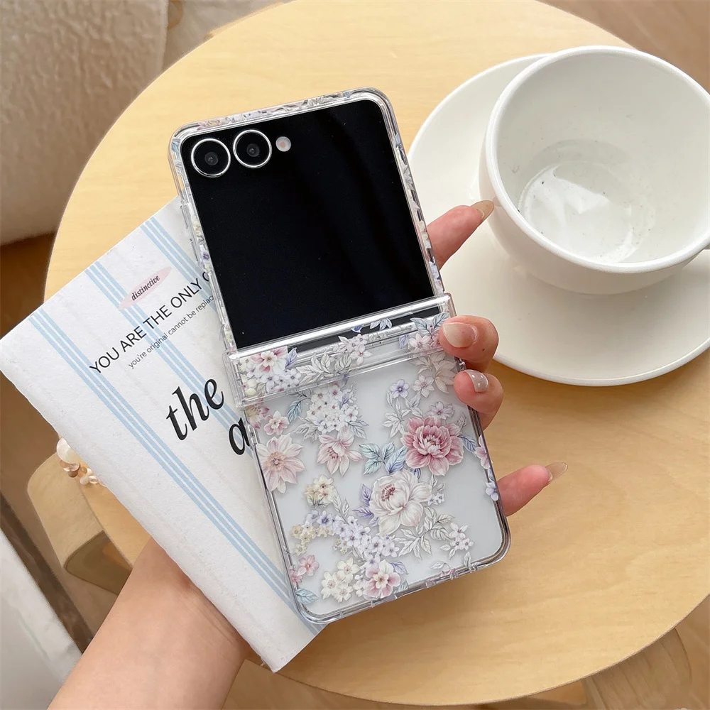 Elegant Garden Vibe Peony Floral Printed Clear Phone Case for Samsung Galaxy Z Flip 8-3 Mixed Pearl Bead Strap Protective Cover