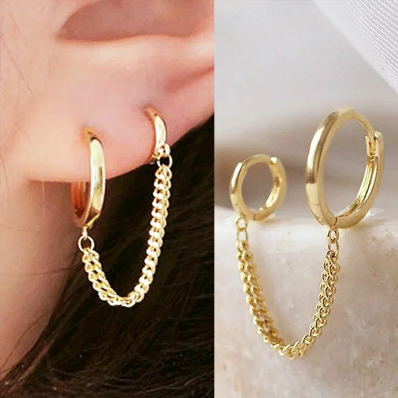 1Pcs Punk Cool Two Hole Piercing  Earrings Gold Silver Color Long Tassel Chain Drop Earrings for Women Fashion Jewelry Gifts