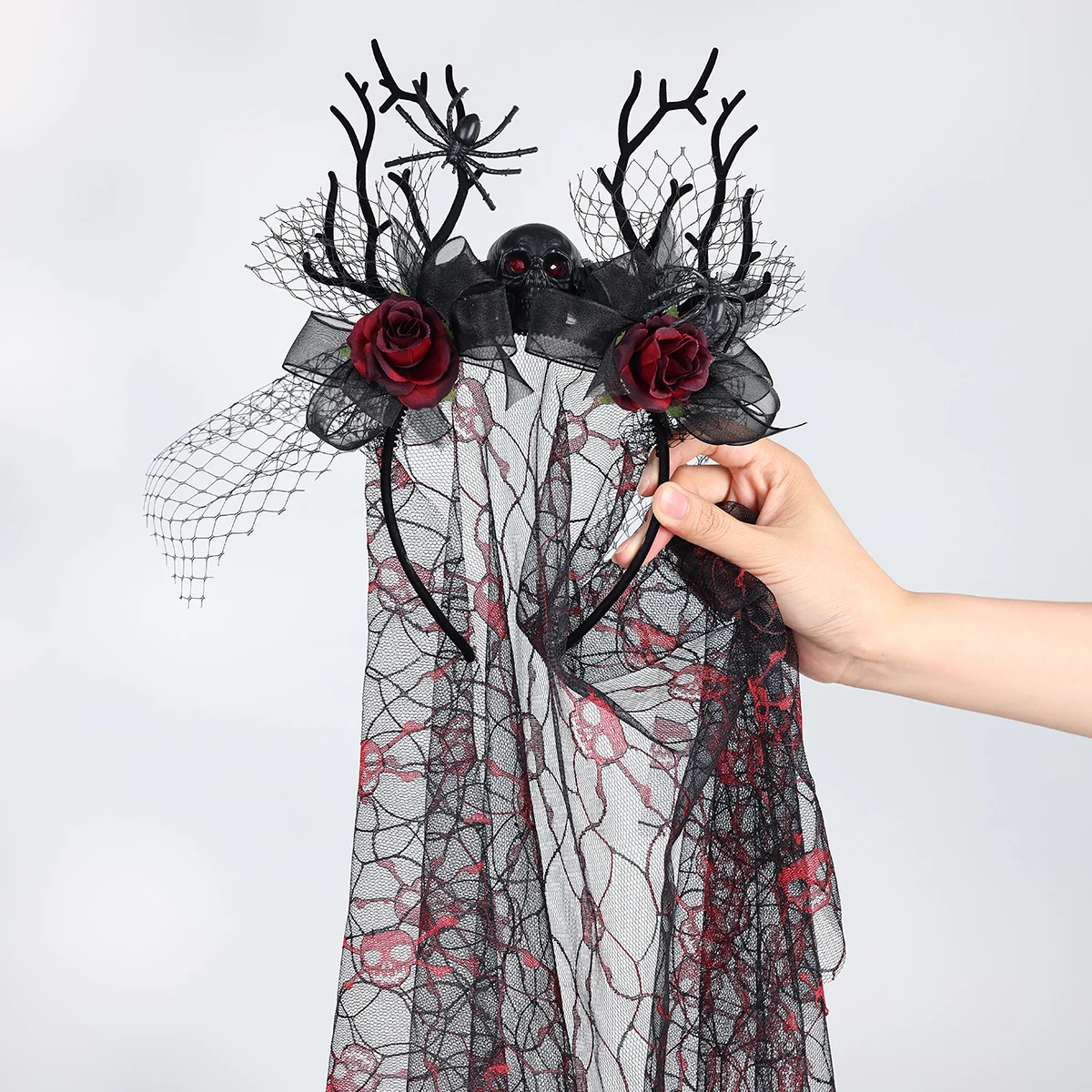 Damen Gothic Geweih-Schädel-Schleier-Stirnband, Schwarzes Spitzen-Rosen-Blumen-Kopfband für Halloween, Vampir-Cosplay, Dunkle Party-Kostüm-Accessoire – Detail 16