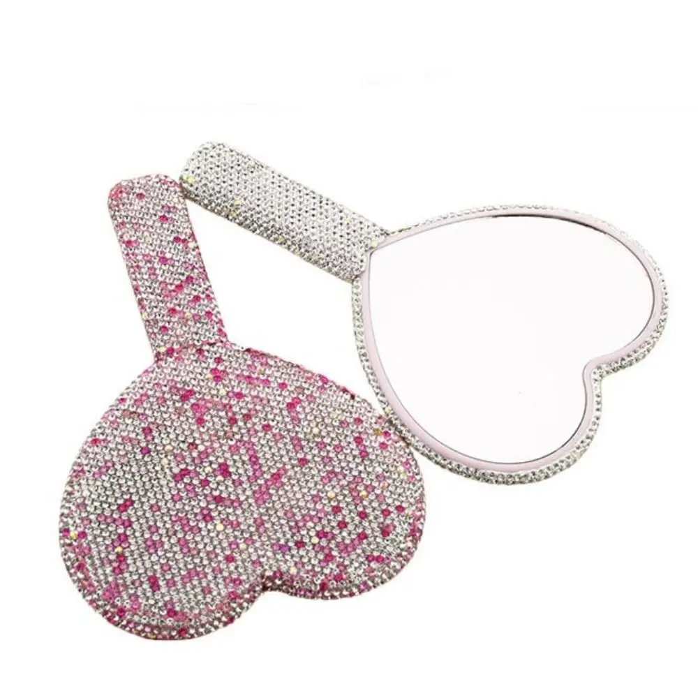 Novo espelho de maquiagem de strass redondo quadrado formato de coração brilhante espelho de mão cosmético portátil com alça espelho portátil