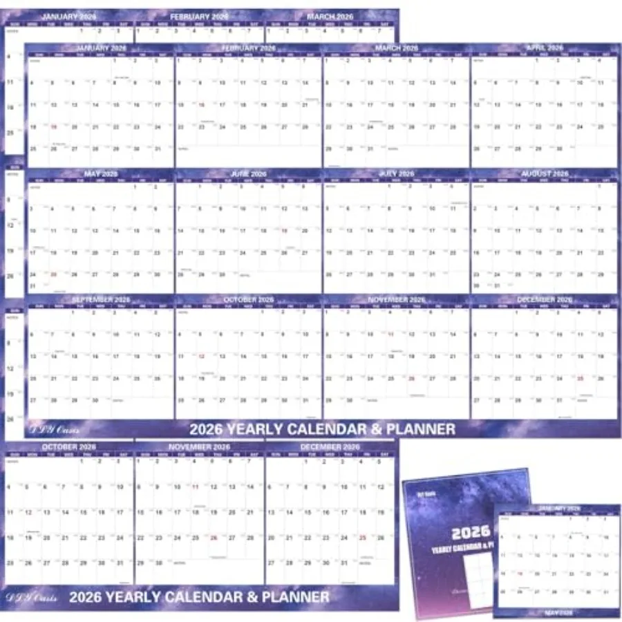 Calendario da parete 24" x 36" 2026 Calendario da parete grande cielo stellato piegato cancellabile a secco 2026 Lamited 12 mesi annuale Y