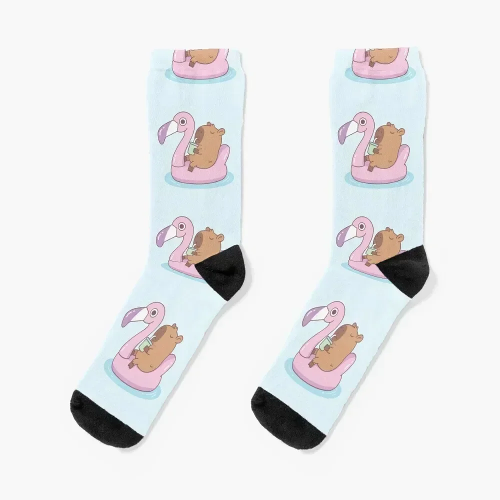 Cute Capybara Chilling On Pink Flamingo Pool Float Socks christmas stocking cute Woman Socks Men's