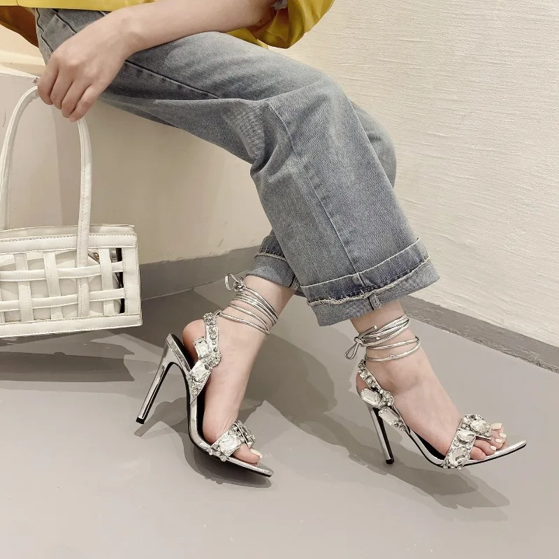 

11CM Super High Rhinestone Women's Sandals Strappy Wrap Open Toe Women's Pumps and Heels Designer Pointed Stiletto Woman's Shoes