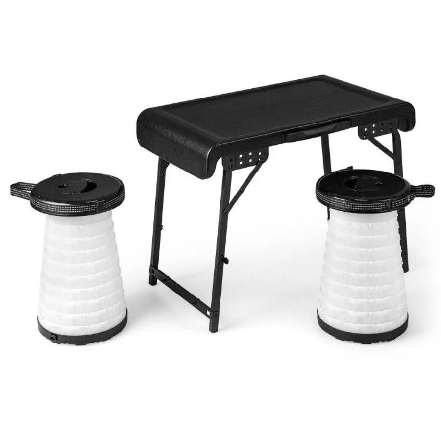 

3 Pieces Folding Camping Table Stool Set with 2 Retractable LED Stools