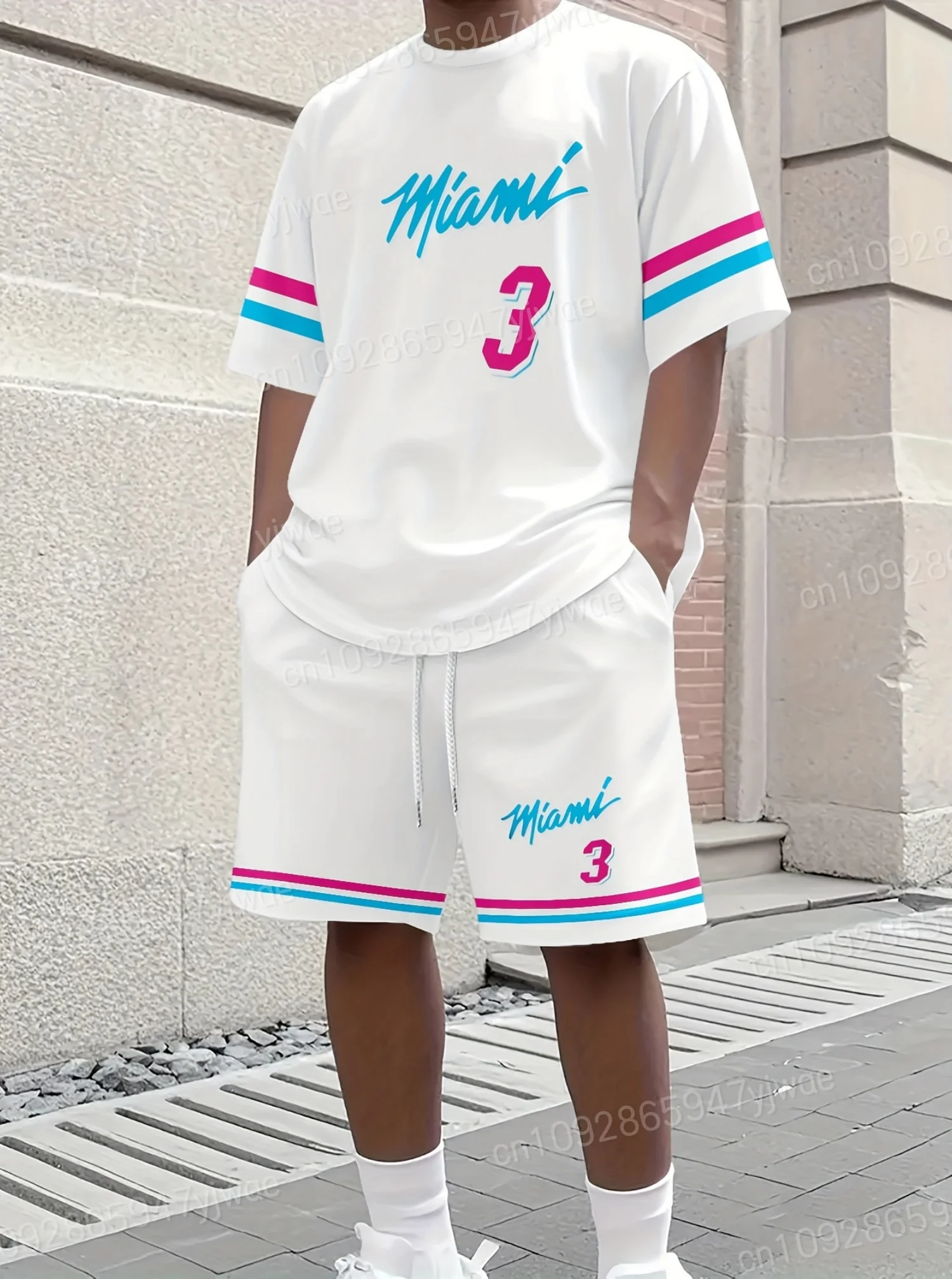 Summer Stripe Miami 3 Printed Men's Suit 2 Pieces Set Casual Suit Sport Wear T-Shirt Set Men's Tracksuit Plus Size Men Clothing