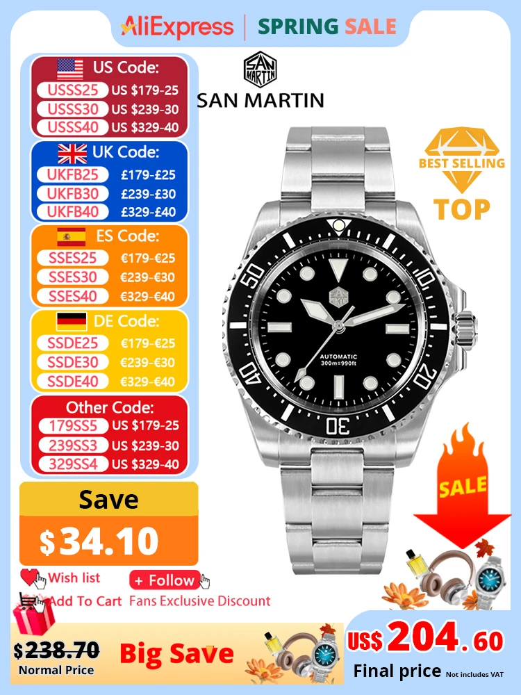 San Martin 2023 New Men Diving Watch NH35 Luxury Automatic Mechanical Wristwatch Sapphire Waterproof 300m Fly Adjustable Clasp