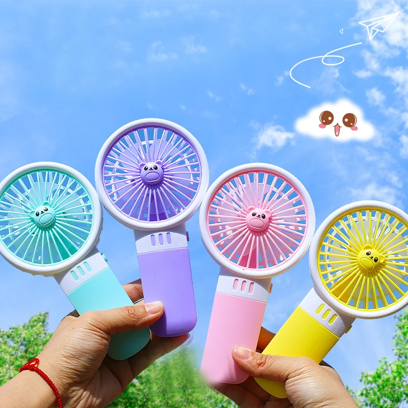 1 Pcs Summer Cartoon Cute Bear Handheld Small Fan Children Portable Mini Outdoor Battery Fan Children Birthday Gifts