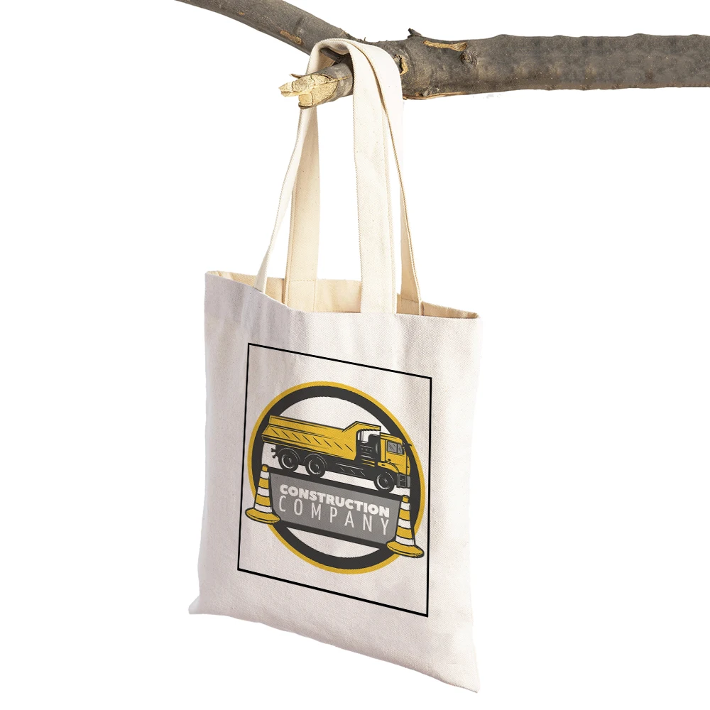 Construction Car Shopper Bags Tote Handbag Cartoon Excavator Bulldozer Print Casual Children Canvas Supermarket Shopping Bag