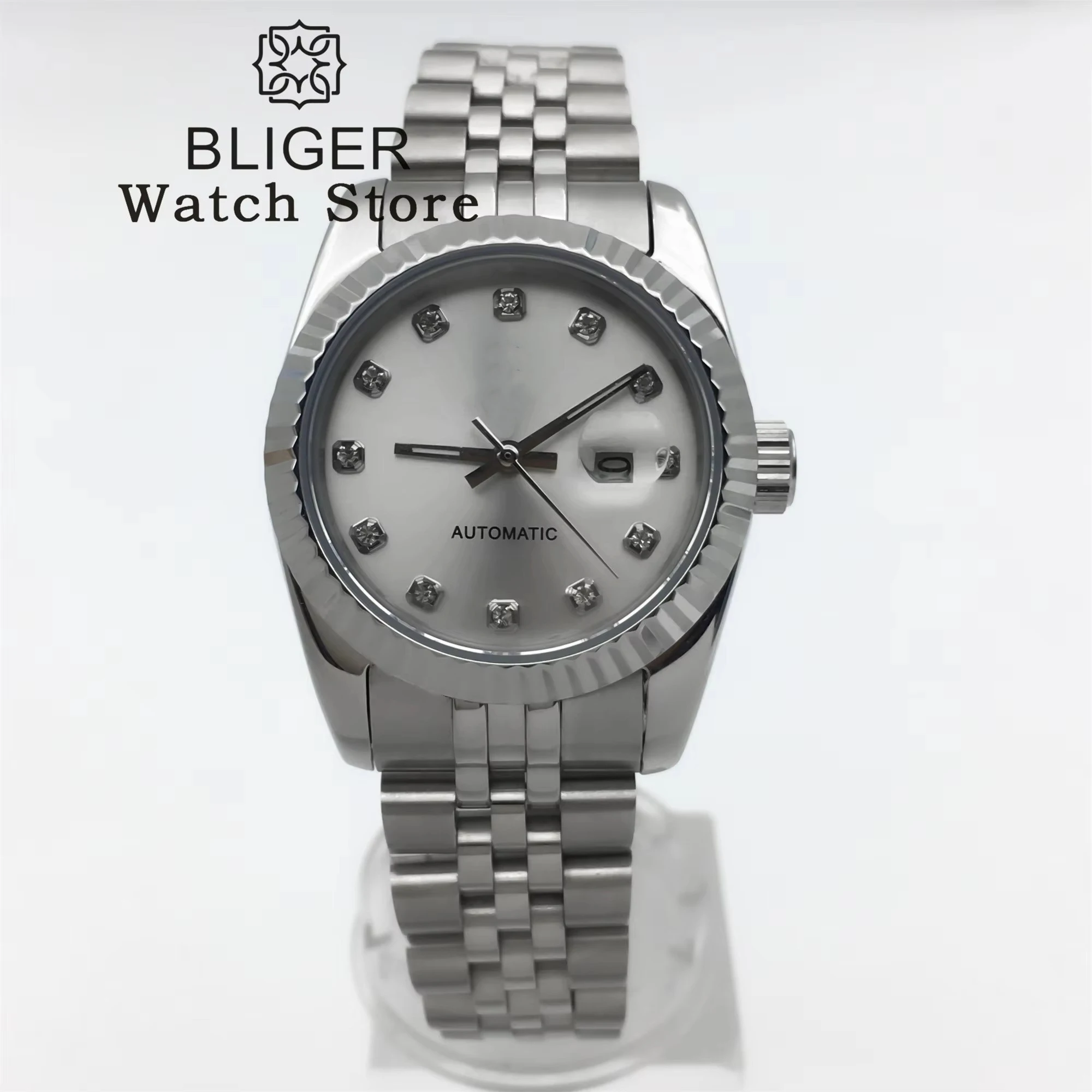 BLIGER 31mm Women Automatic Watch Stainless steel Bracelet Sapphire Glass White Mother Pearl Dial Diamond index Waterproof Watch