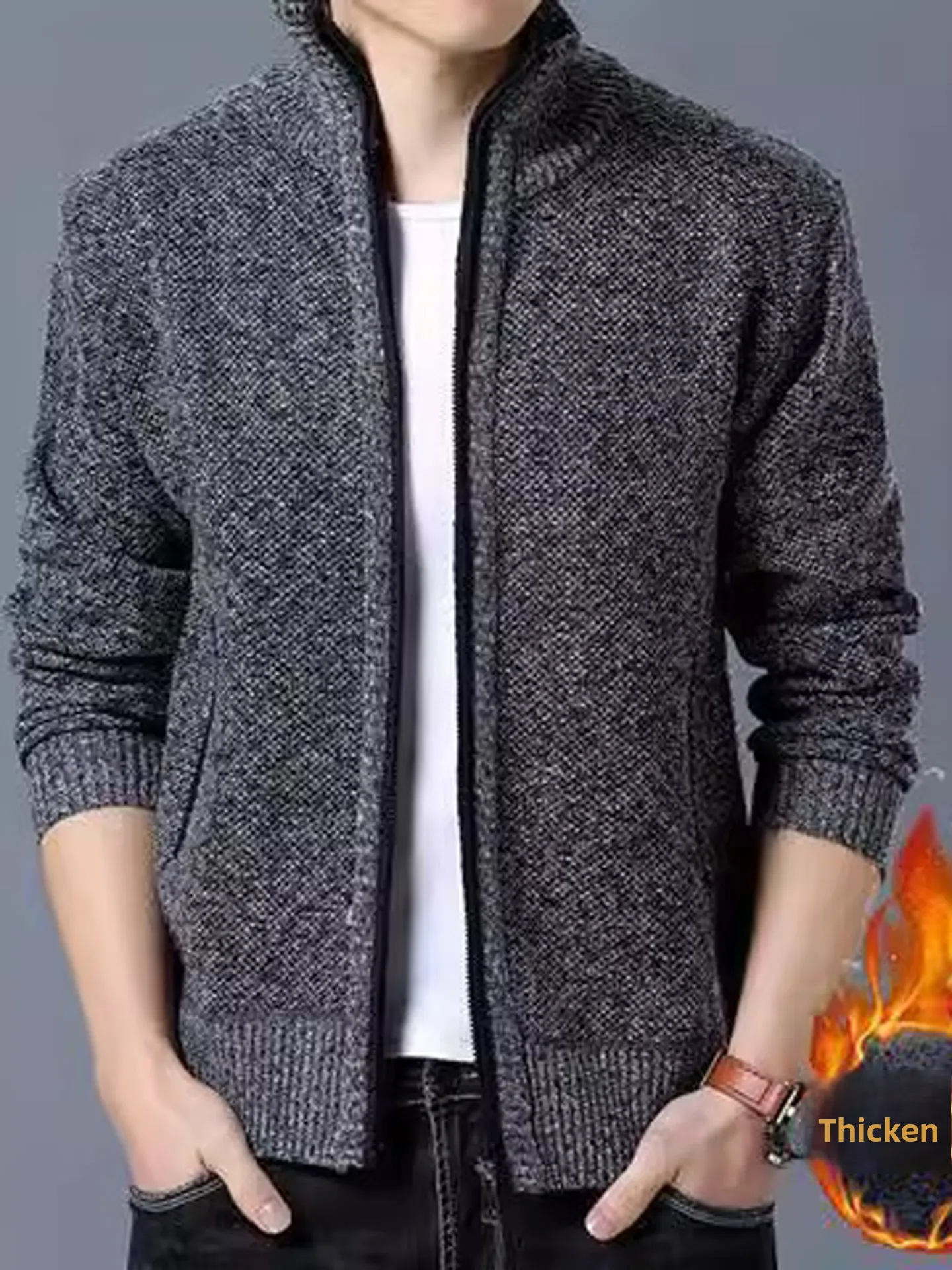 

Мужской вязаный свитер на флисовой подкладке с молнией, свободного кроя, зимняя верхняя одежда, повседневный стиль, из полиэфирного волокна, с длинными рукавами