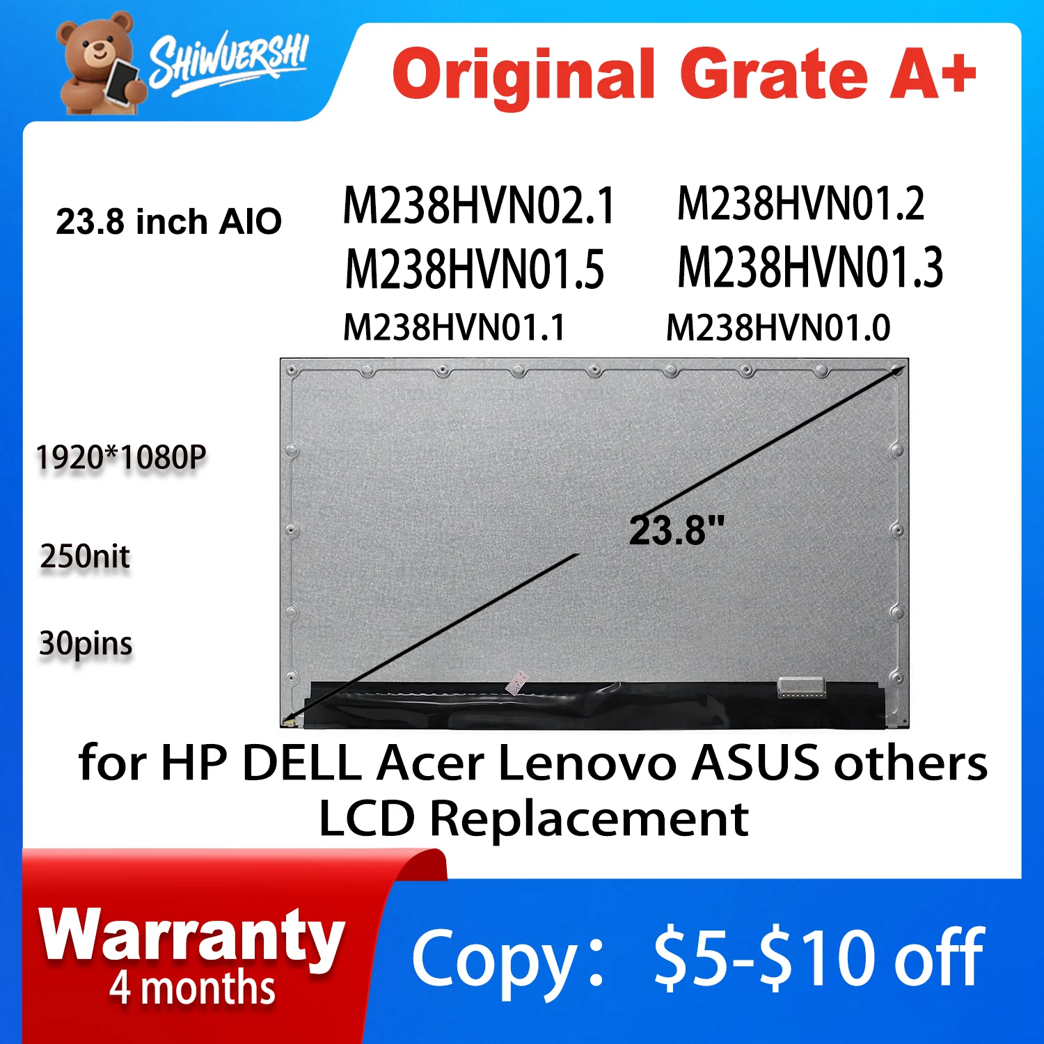 

Оригинальный M238HVN02.1 M238HVN01.0 M238HVN01.1 M238HVN01.2 M238HVN01.3 M238HVN01.5 23,8-дюймовая ЖК-панель IPS 60 Гц 1920*1080 30 контактов