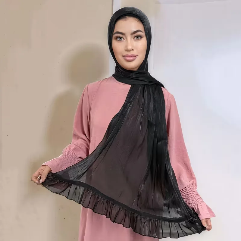 Women's Lightweight Hijab Scarf Elegant Long Rectangular Shawl with Shinny Folded Fabric Pleated Glitter Chiffon Shawl