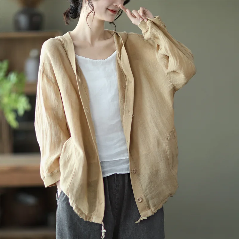Cotton and Linen Retro Top Women's 2025 Summer and Autumn Loose Hooded Long-sleeved Cardigan