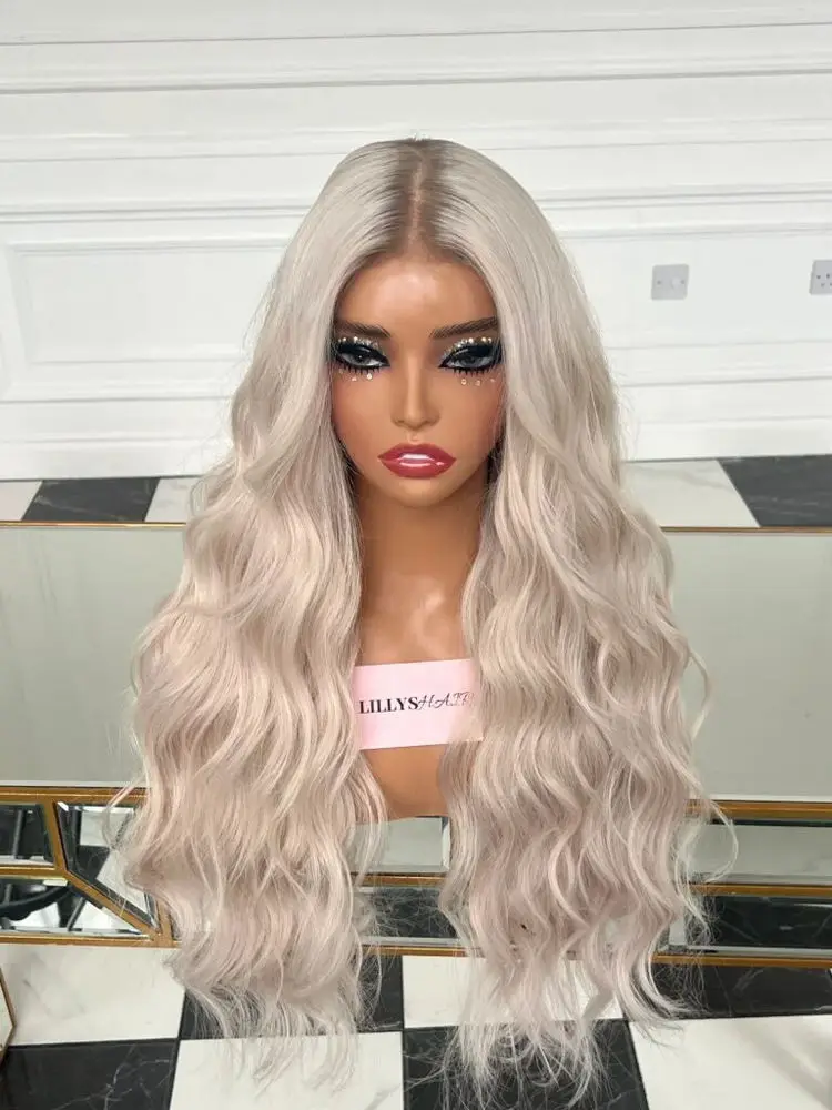 باروكة نسائية طويلة الطول موجة الجسم الاصطناعية HD الدانتيل الجبهة الباروكات تسليط الضوء على الشظية رمادي شقراء غلويليس الباروكات حفلة يومية تستخدم 26" #2