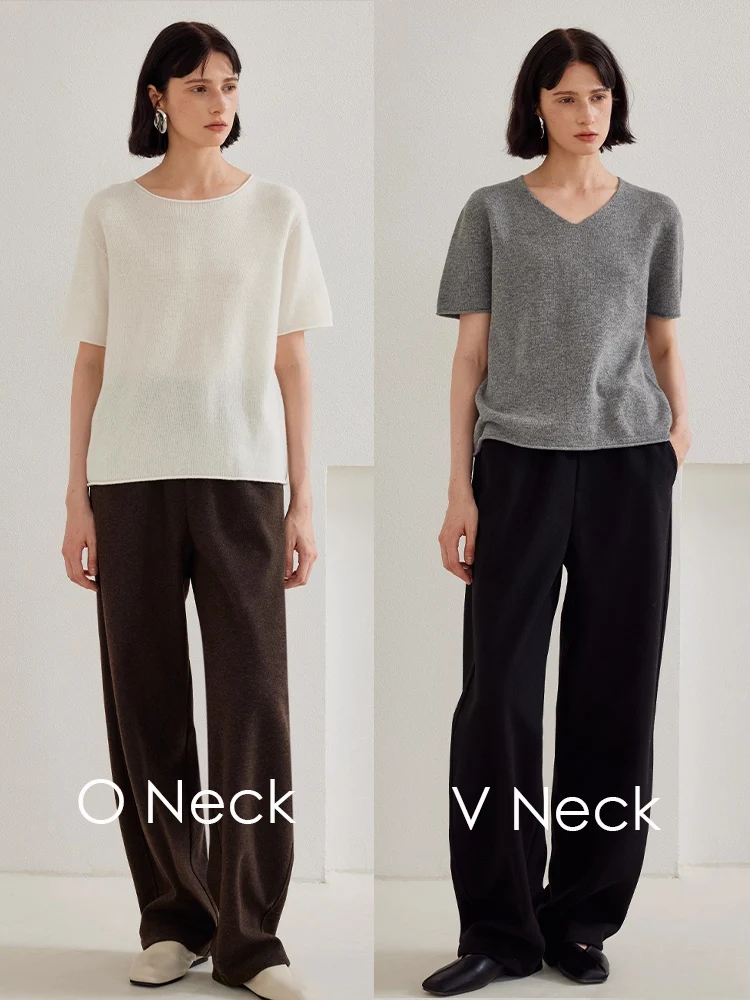 SuyaDream, Damenpullover, 100 % Schafwolle, kurzärmelig, weiche Pullover, 2025 Herbst-Winter-Solid-Chic-Top, Rosa, Grau, Rosa