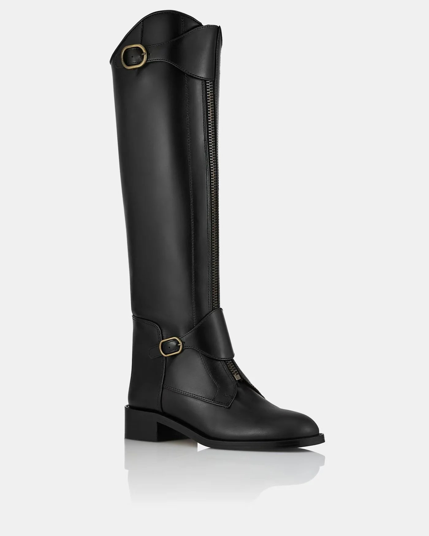 Belt Buckle Black Round Toe Knee-High Women Motorcycle Boots Chunky Middle Heels Zipper Design Large Size Cool Style Shoes