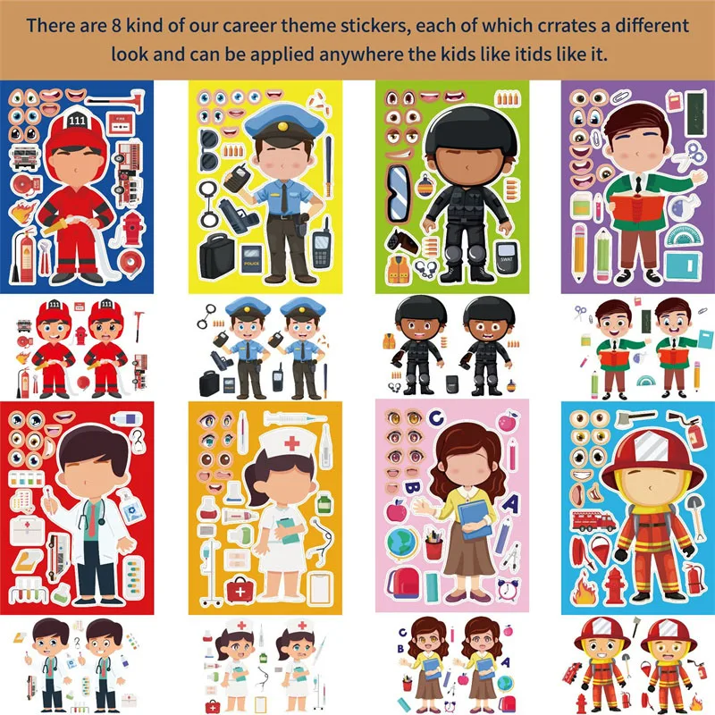 Children Make a Face Stickers DIY Your Own Nurses Doctors Firefighters Teachers Police Officers Puzzle Sticker Kids Eduction Toy