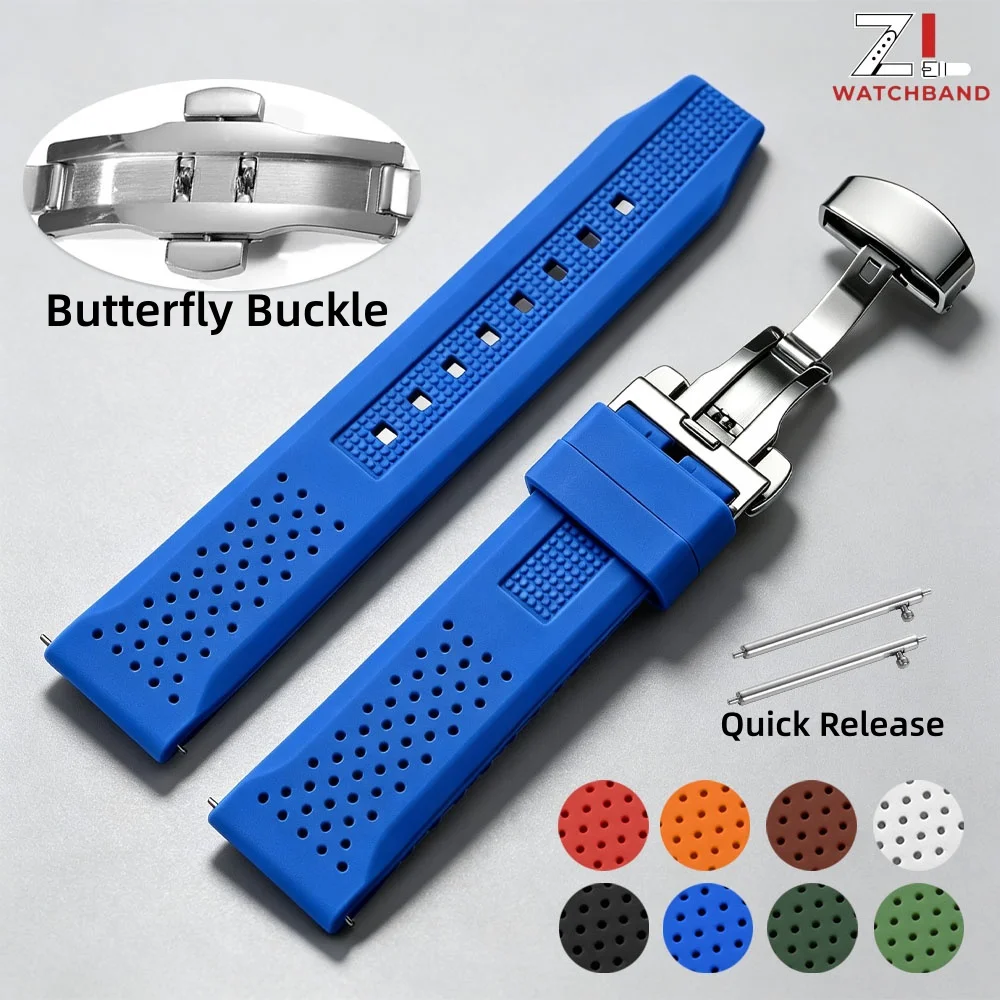 Bracelets en silicone 16mm 18mm 20mm 22mm 24mm, bracelet de montre en caoutchouc pour Seiko pour Omega, à libération rapide, respirant, avec boucle papillon