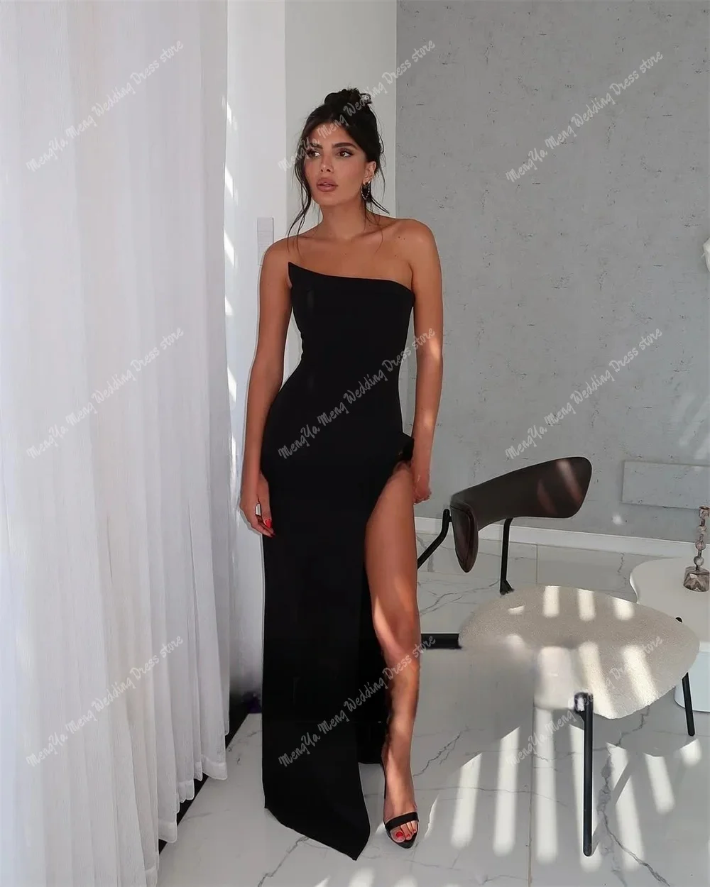 

Elegant Women's Black Formal Evening Dresses Arabic Bustier and Floor-length High Split Dresses for Banquet Party Prom Gowns